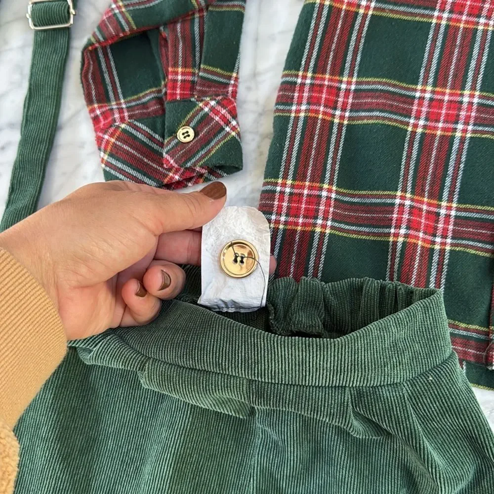 Boys Christmas Holiday Outfit 4-Piece Boys Plaid Shirt & Green Pants